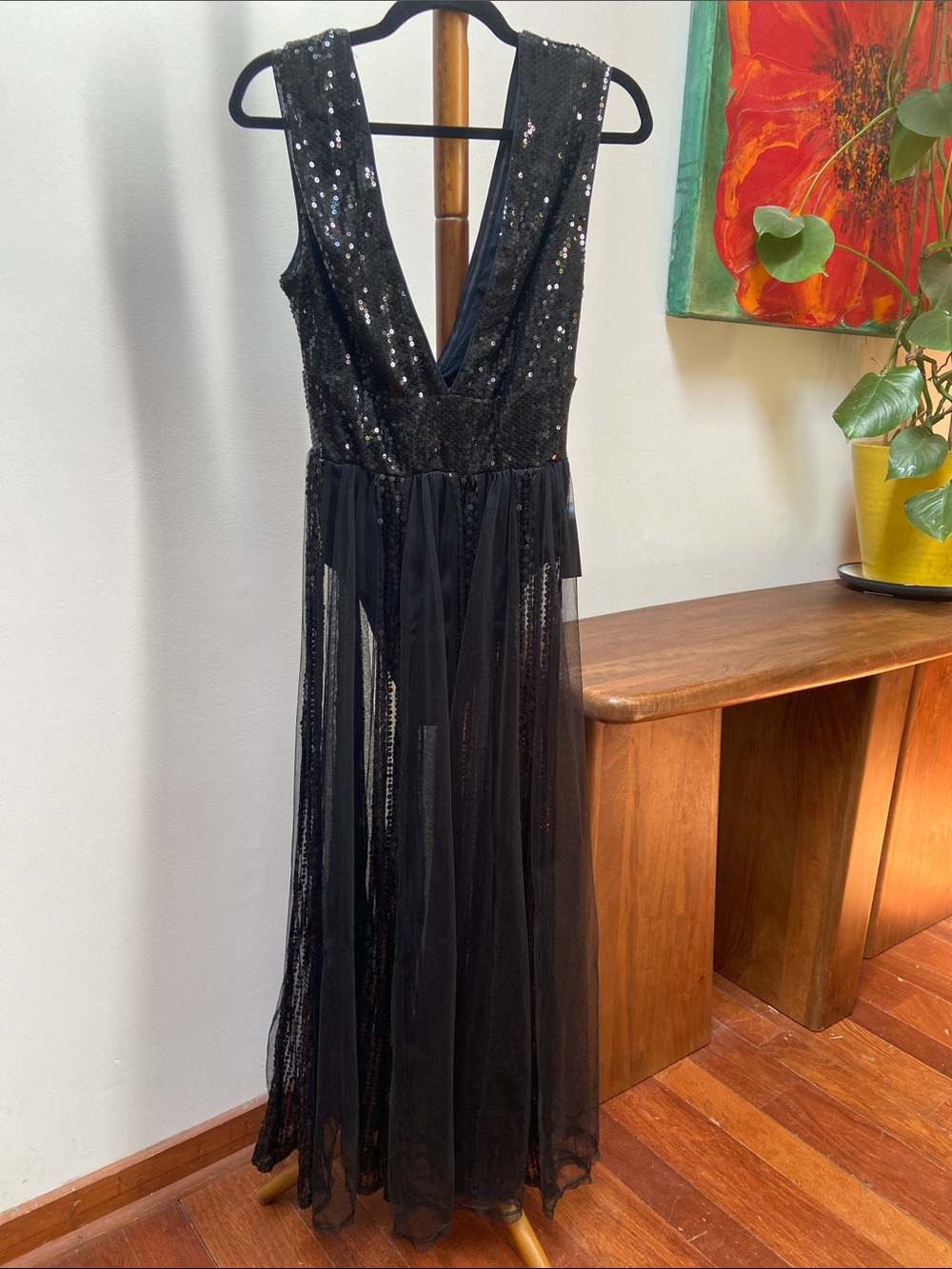 Black Sequin Deep Mesh Dress